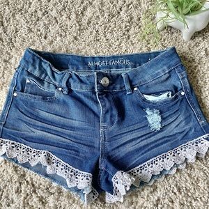 Almost Famous Blue Jean Shorts with White Lace Trim